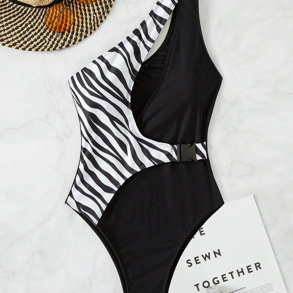Women's one-piece swimsuit, single shoulder, zebra and plain black polyester patchwork, sleeveless