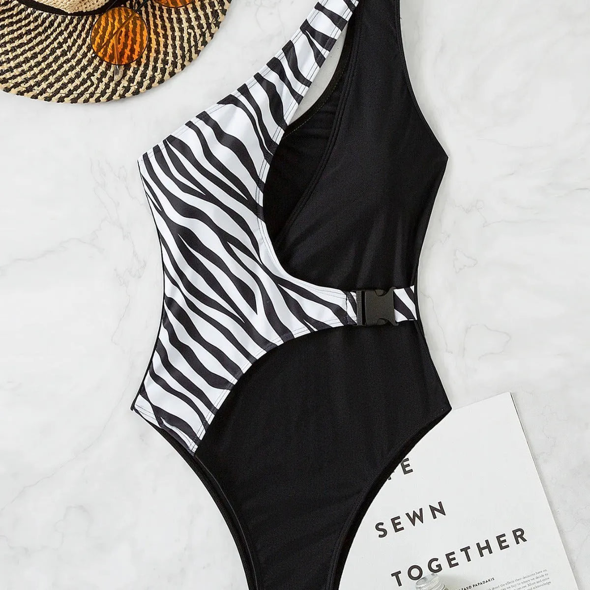 Women's one-piece swimsuit, single shoulder, zebra and plain black polyester patchwork, sleeveless