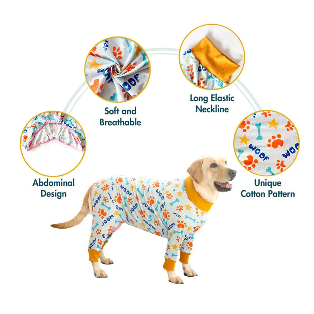 Cotton dog jumpsuit pet clothing in four-legged design showing size options 26-38cm