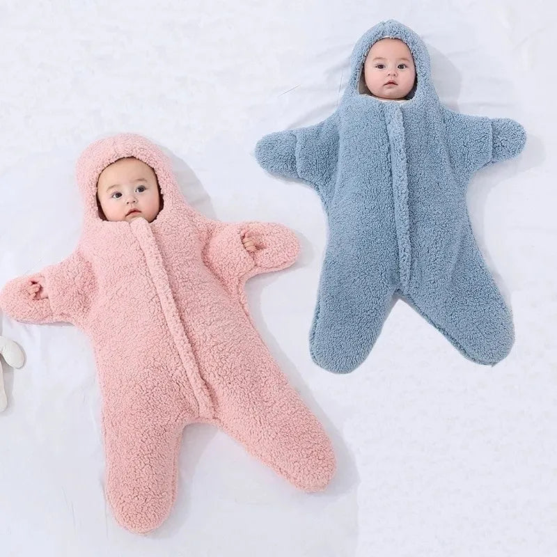 Starfish lamb velvet baby sleeping bag with hood and front zipper for a newborn.