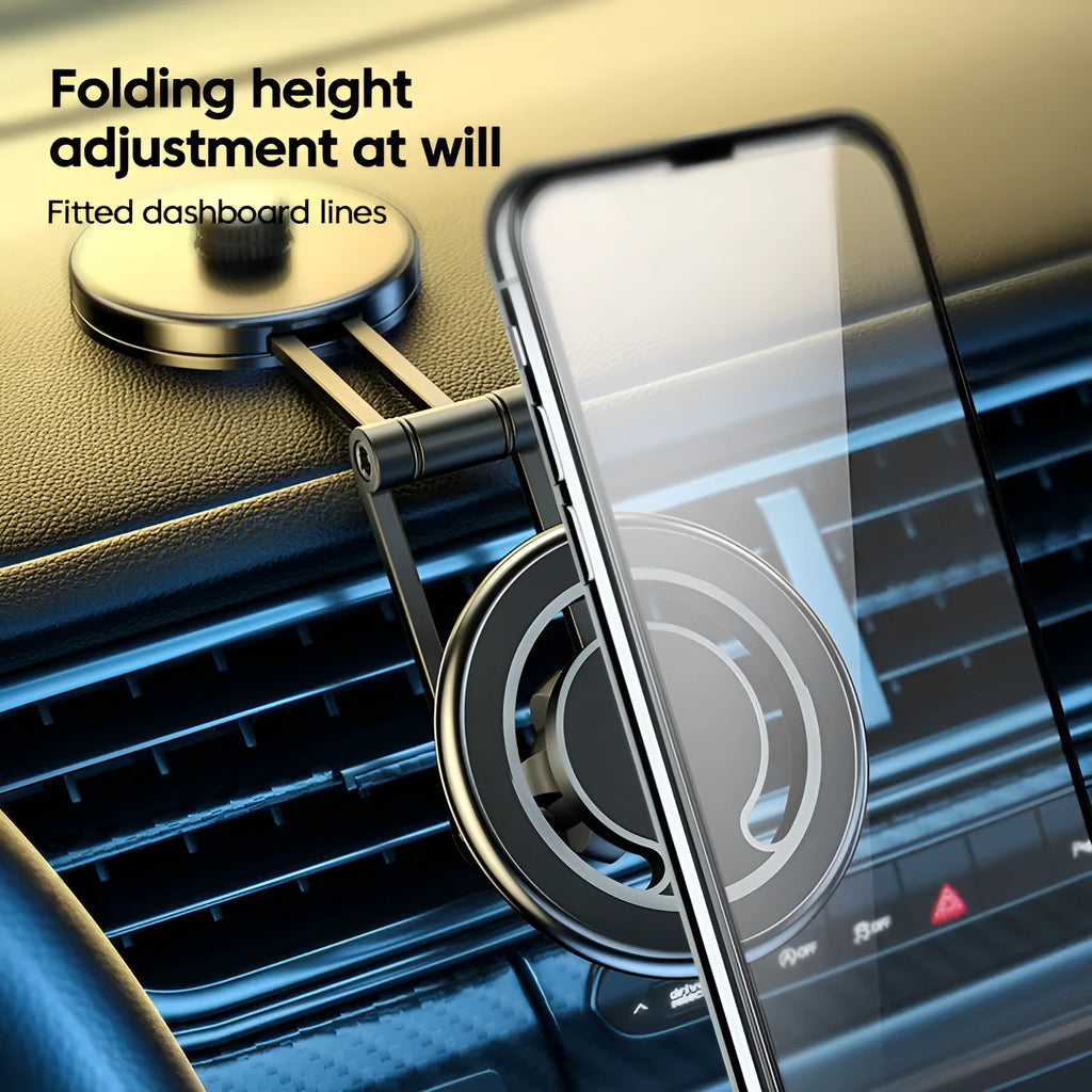 Telescopic folding car phone holder with magnetic suction for instrument panel mounting