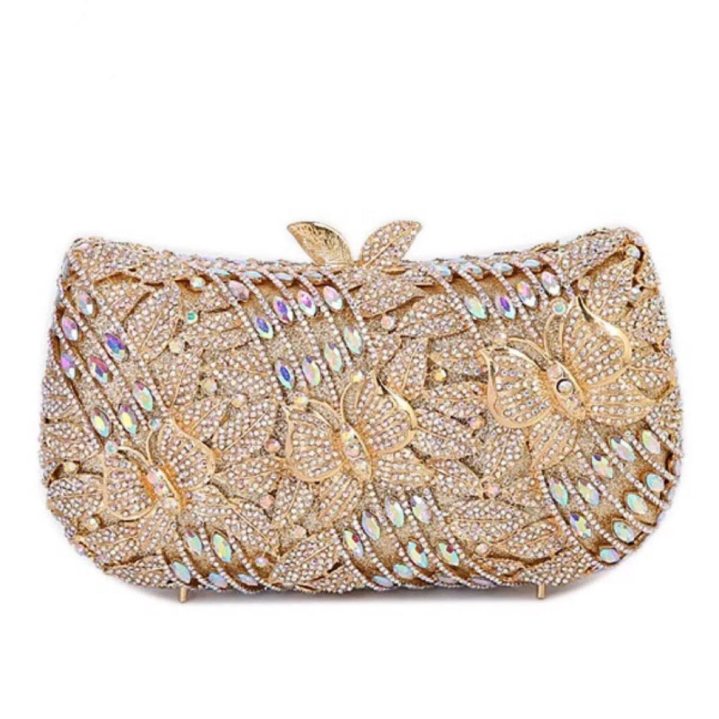 New fashion banquet dress gem handbag with diamond inlaid butterfly flower design in gold colour