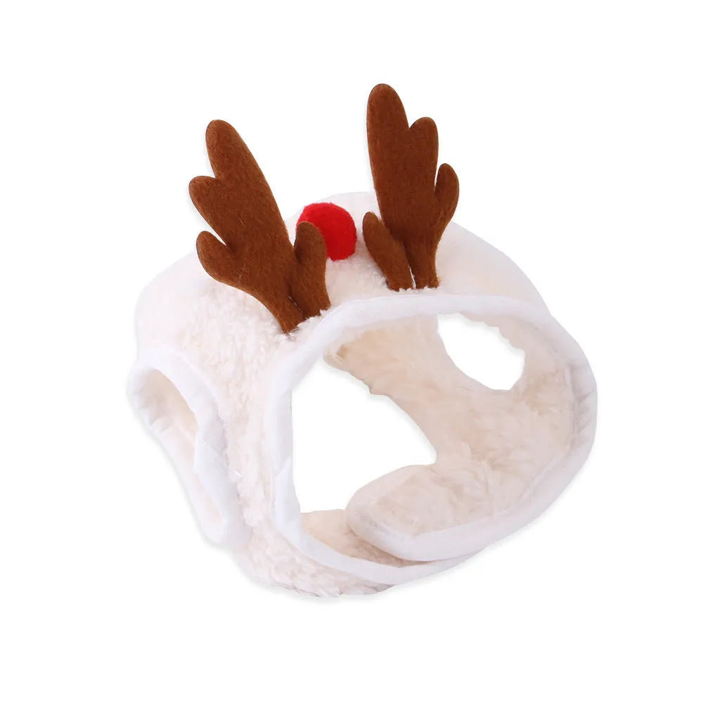 Christmas pet costume with white reindeer antler hat and green velvet bib on small pet
