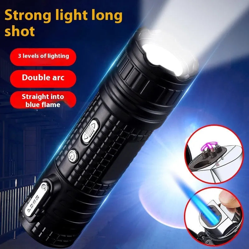 TH727 multifunctional metal flashlight lighter in camouflage, red, black, blue, and yellow colour options