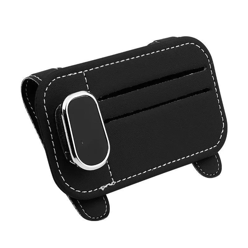 Genuine cowhide leather car sun visor holder with metal sunglasses clip and card storage slots.