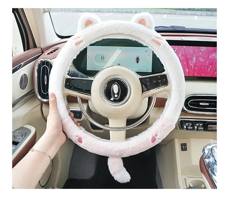 Plush cartoon animal embroidered thermal steering wheel cover for winter, shown fitted on a 38cm car steering wheel.