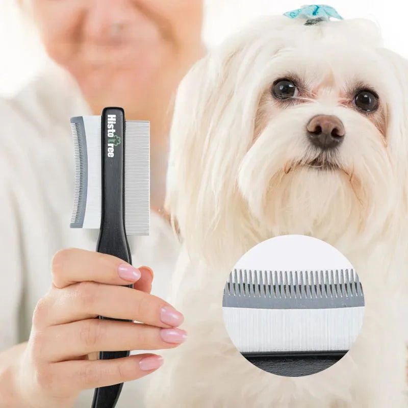 Black dual-sided pet grooming comb with wooden handle and stainless steel teeth for cats and dogs