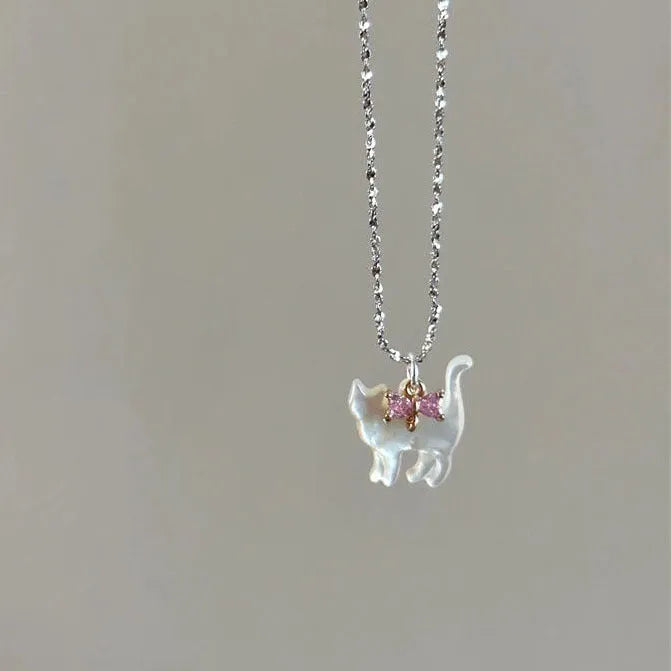 Cat pendant necklace with transparent rhinestones, silver plated water wave chain, white or pink colour option
