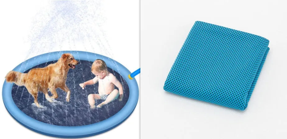 Non-slip splash pad for kids and pet dogs blue PVC inflatable 150cm outdoor water spray play mat