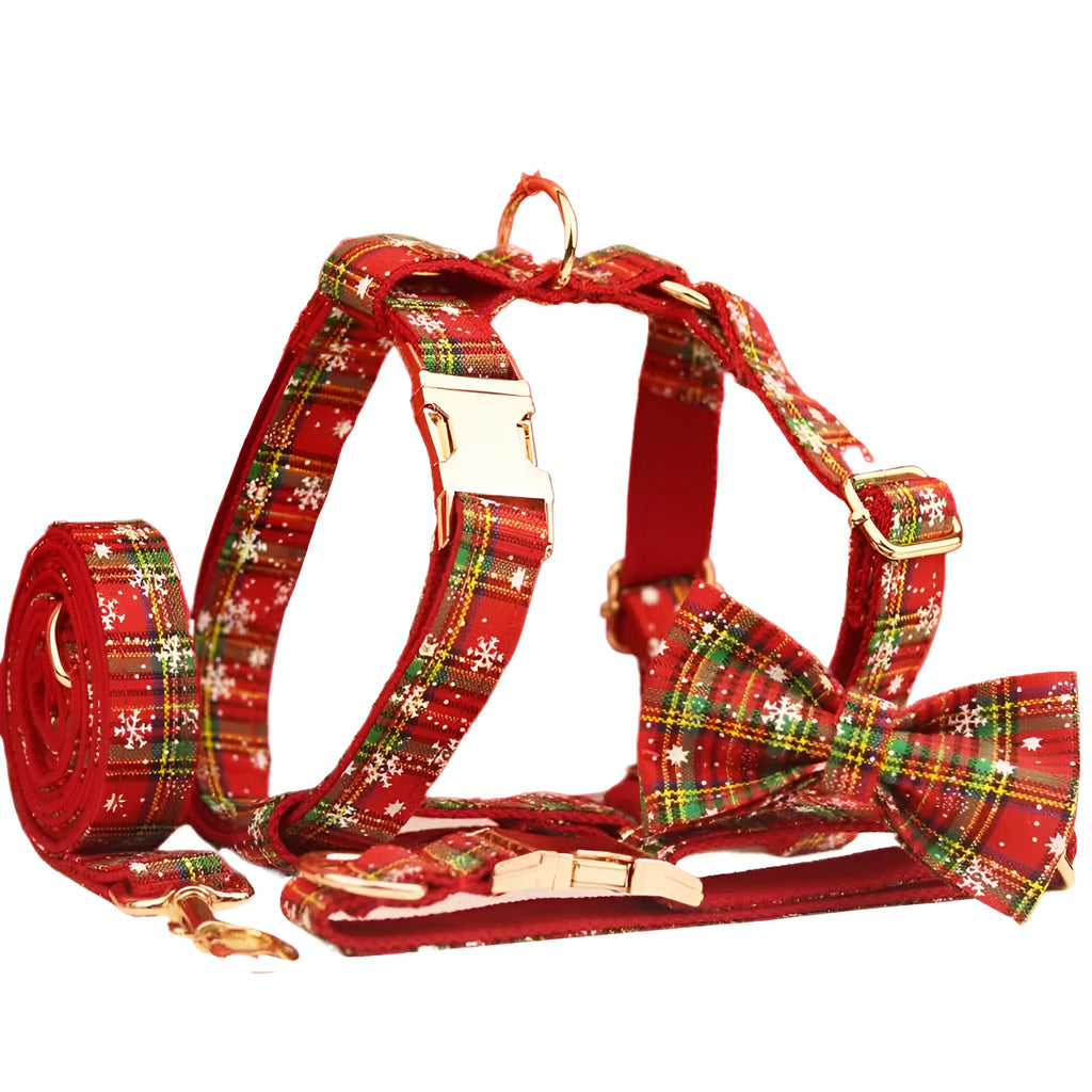 Christmas pet collar and leash set with plaid rope and festive dog vest showing snowflake bowknot flowers on red background