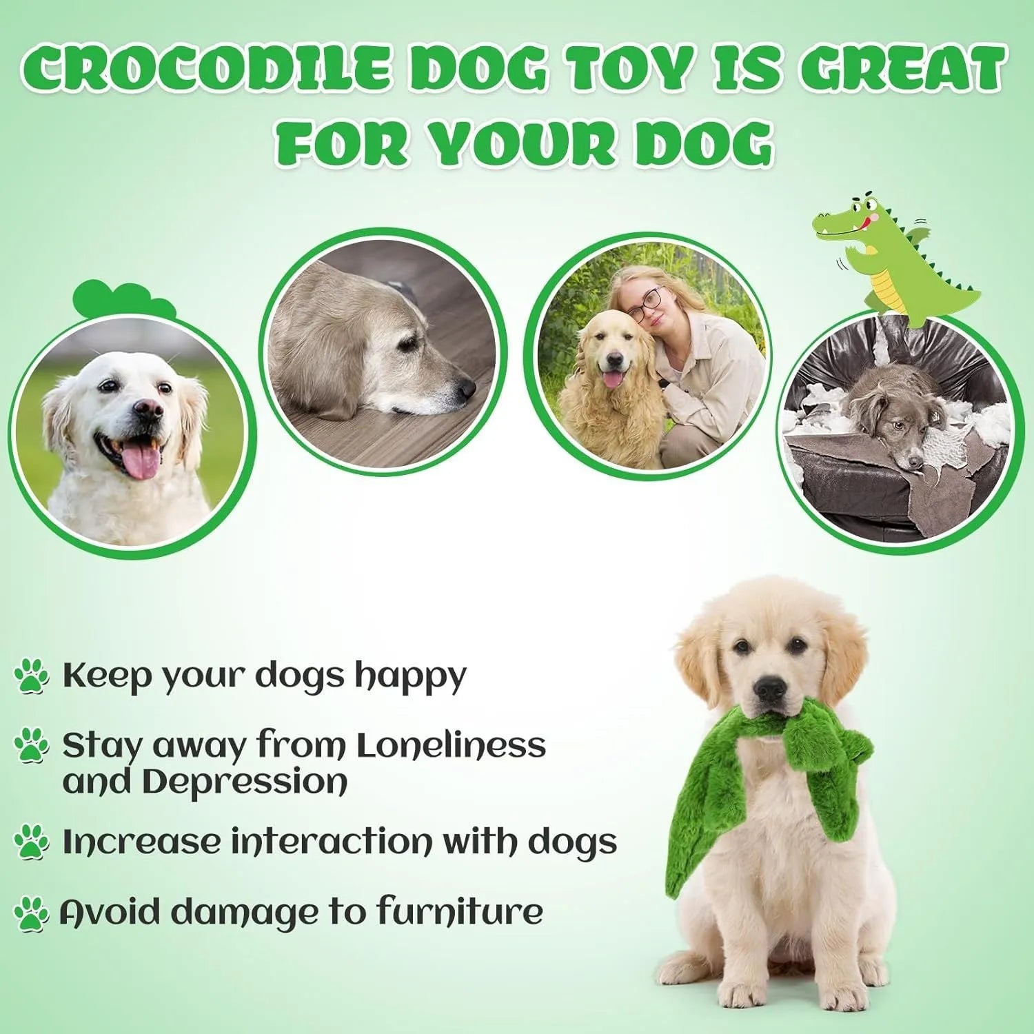 Green crocodile-shaped plush dog toy with no stuffing for safe chewing