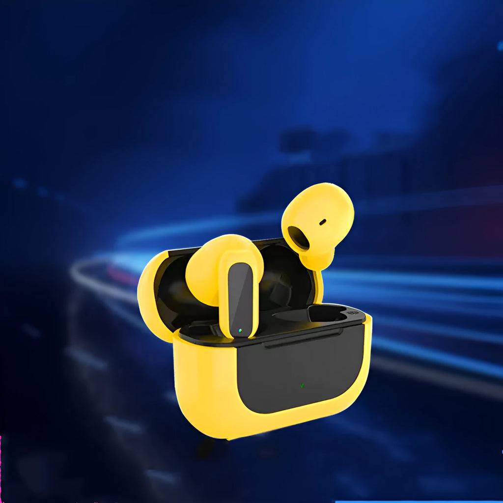 Cartoon wireless earbud headphones in black, white, and yellow colour options