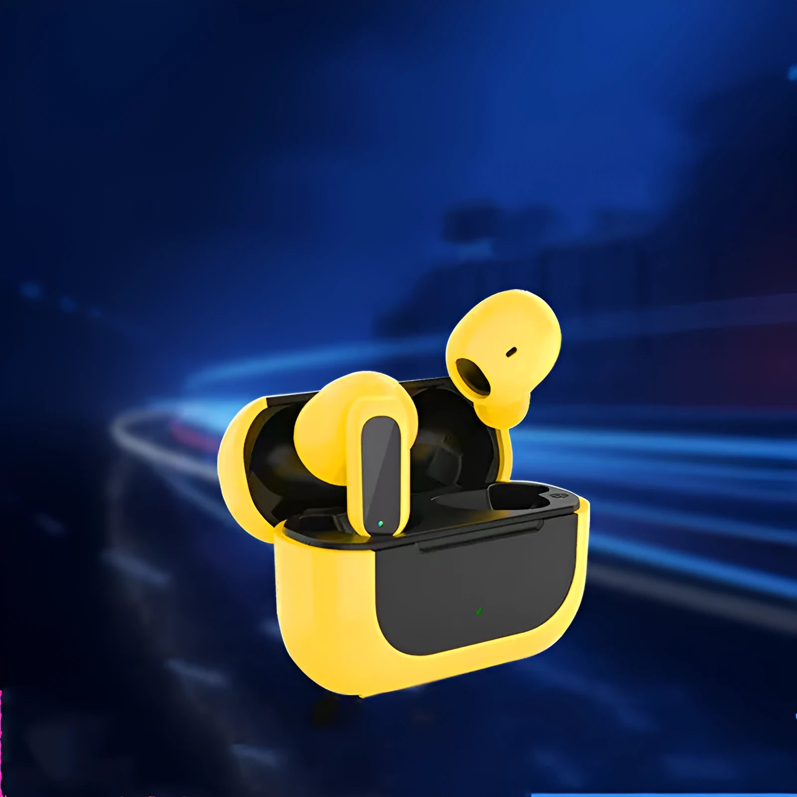 Cartoon wireless earbud headphones in black, white, and yellow colour options