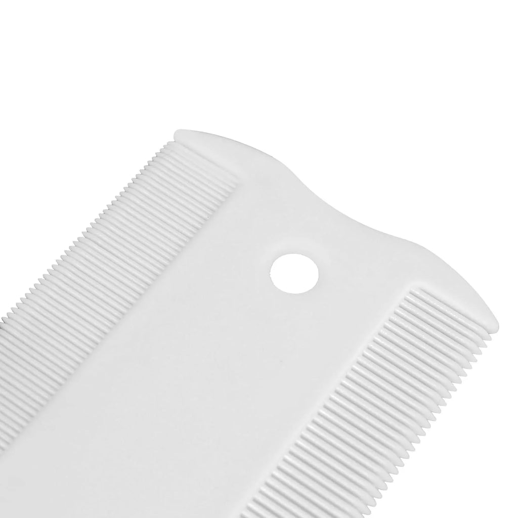 Double-sided plastic flea comb and a small separate face comb for pet grooming.