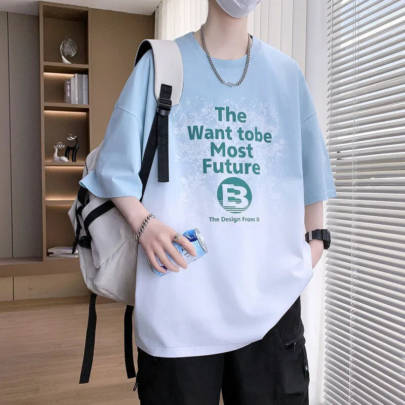 Boys printed cotton blend t-shirt with short sleeves and drop-shoulder design in various colours.