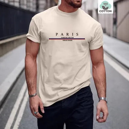 Men's loose-fitting short-sleeved cotton T-shirt with a printed letter design.
