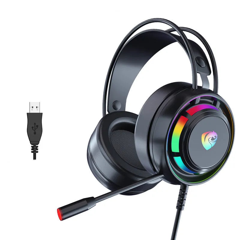 Black wired over-ear computer gaming headset with microphone showing 3.5mm and USB plug options