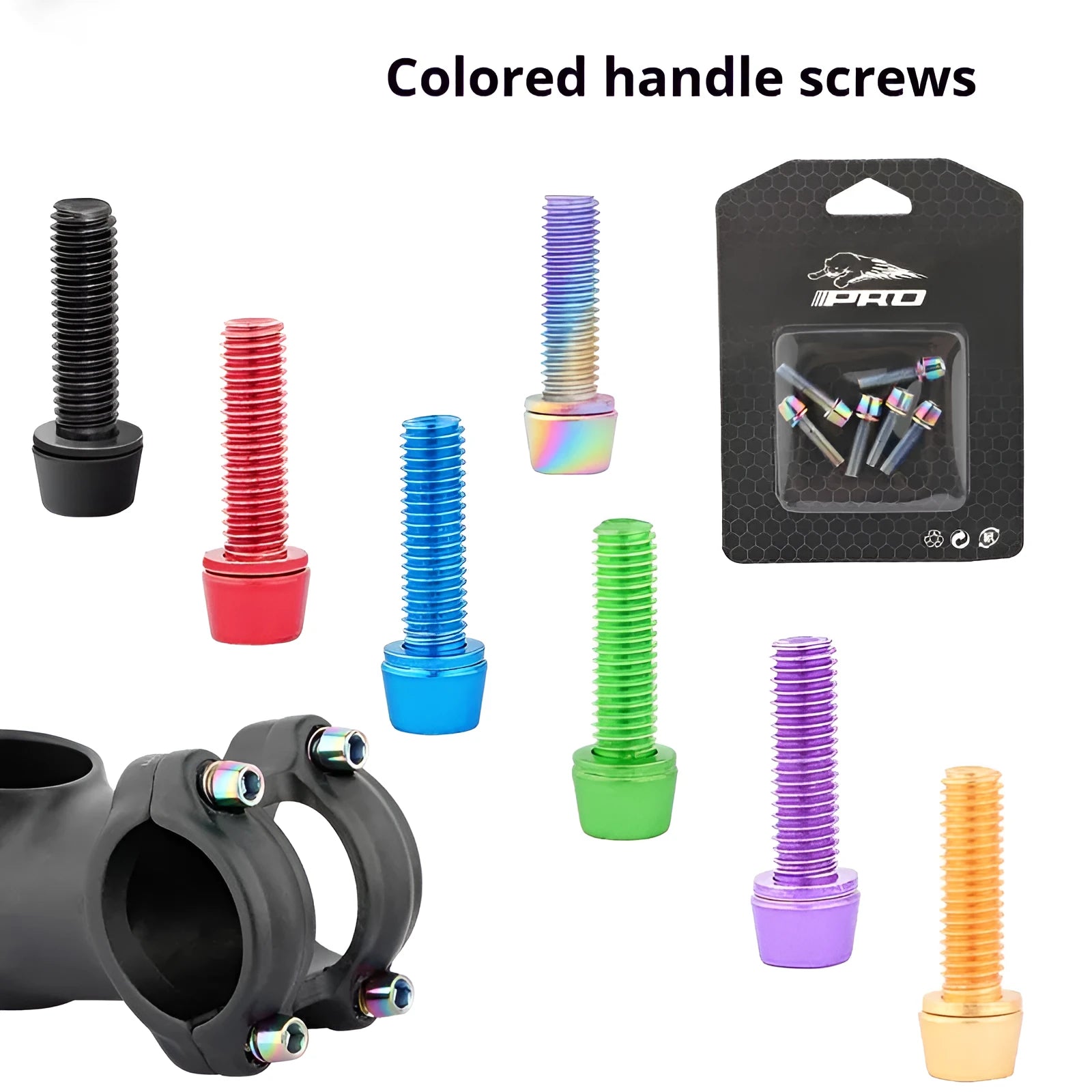 Set of six coloured stainless steel mountain bike riser fixing screws on a card.