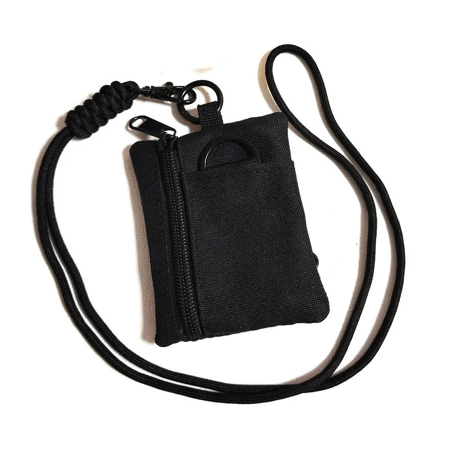 Mini multifunctional earphone bag in Oxford cloth, 9 x 10cm, with 52cm lanyard, shown in Black, Khaki or Army Green