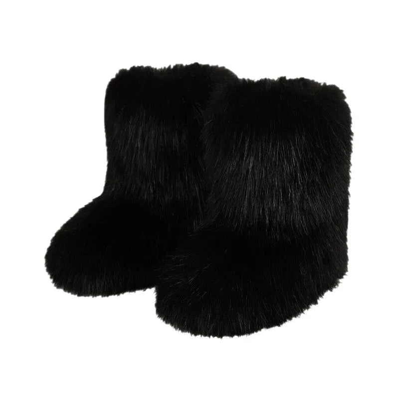 Women's faux fur mid-calf winter boots in imitation raccoon fur khaki, flat heel, round toe, plush lining