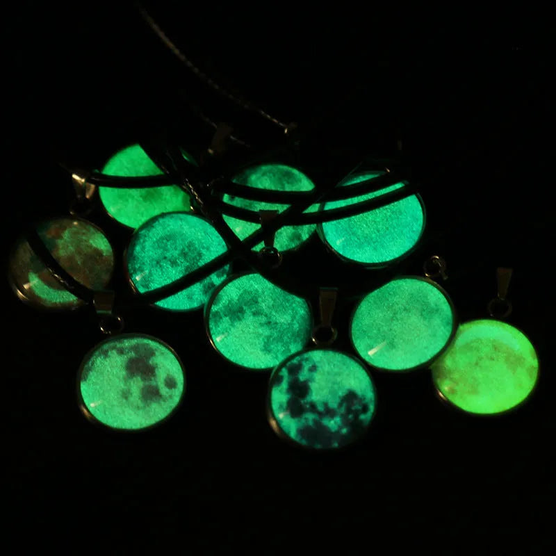 Time Stone Christmas Moon Night Sky pendant necklace with organic glass and luminous alloy on extension chain