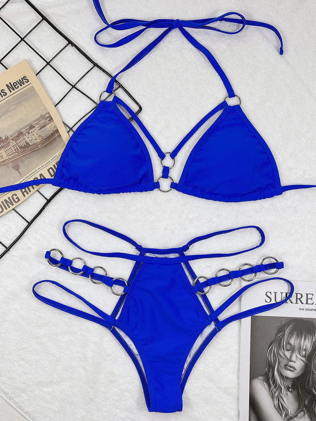Women's separated bikini set in nylon fabric available in multiple colours including rose red and sapphire blue