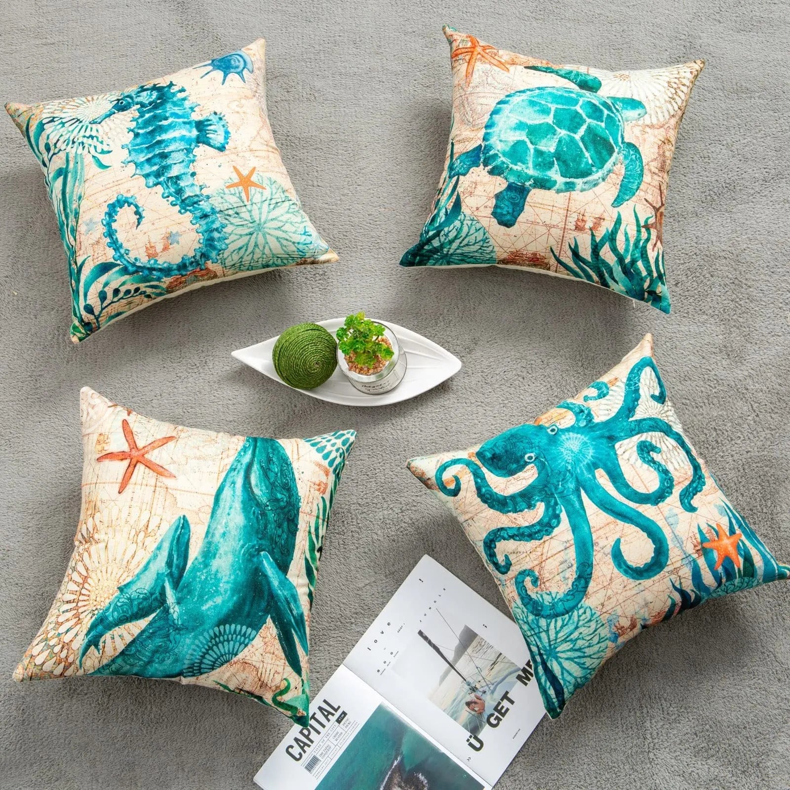 Sea turtle printed linen cushion cover 45x45cm with invisible zipper closure