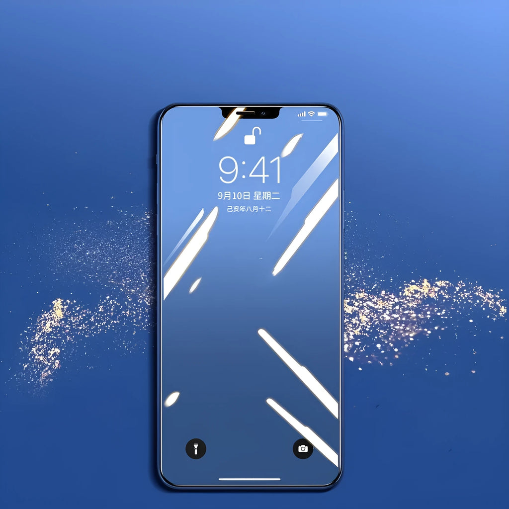 Tempered glass screen protector for iPhone in black, transparent, and white colour options.