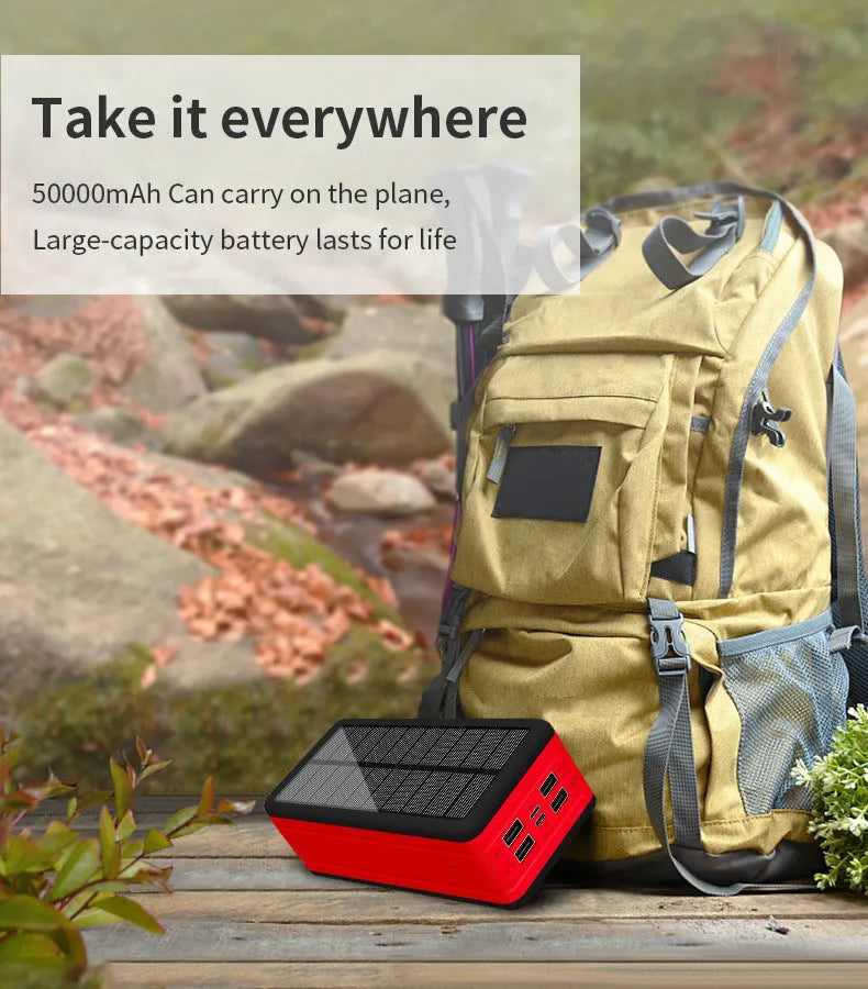 Black solar wireless power bank with coloured accents showing solar panel and wireless charging symbol