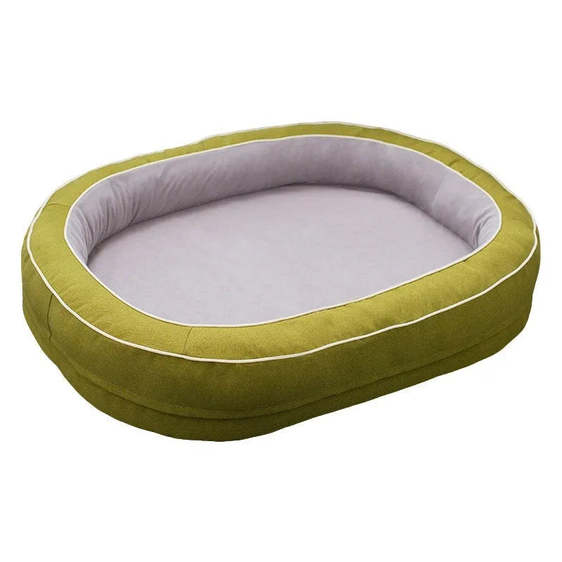 Oval removable cloth pet bed for dogs in green colour with visible stitching