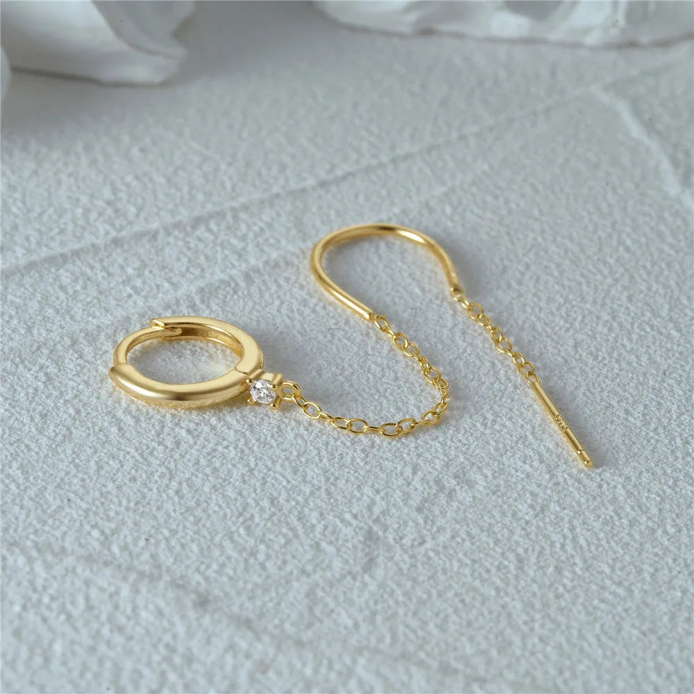 S925 Sterling Silver geometric flower and tassel chain clip-on ear studs with gold electroplated finish.