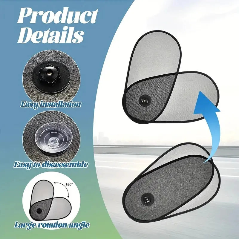 Black stretchy car side window sunshade for baby with suction cups attached to glass.