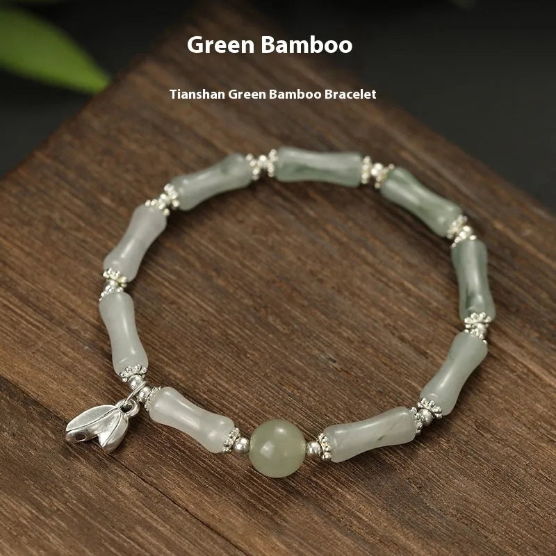 Silver-coloured antique-style bracelet made from natural Tianshan green bamboo with bamboo joint detailing.