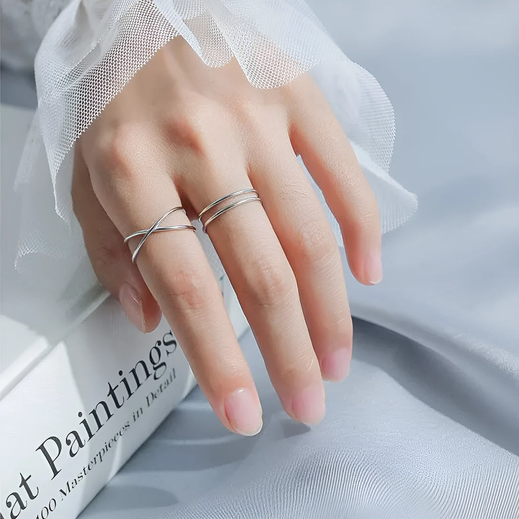 Silver geometric cross ring with adjustable opening for women