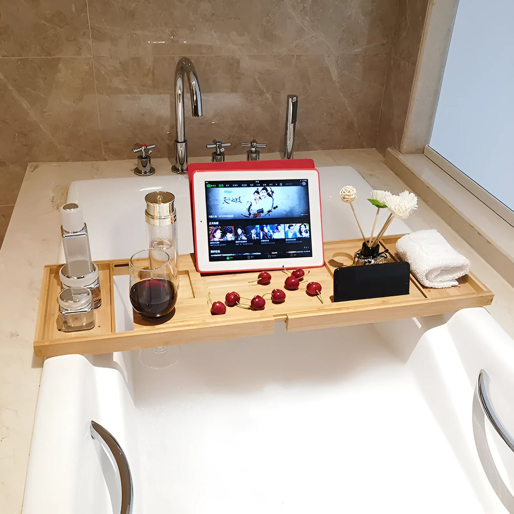 Bamboo bathtub storage rack retractable bathroom bath pallet rack with European natural finish