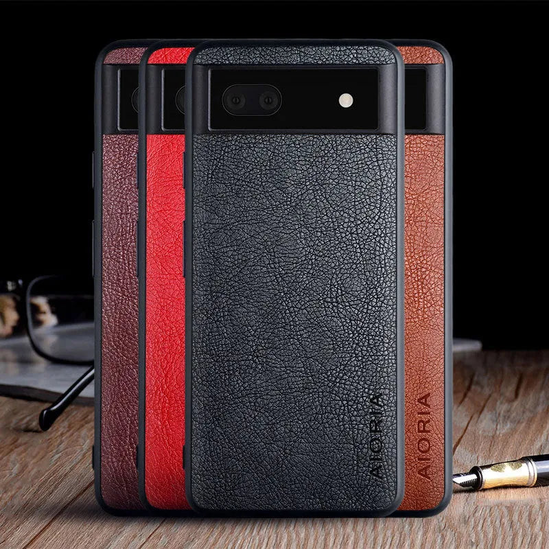 Pure-colour PU lychee skin phone case with all-inclusive glass front for Google Pixel 6, 6A and 6 Pro.