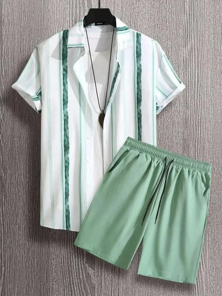 Men's short sleeve beach shirt and matching shorts suit set on a hanger