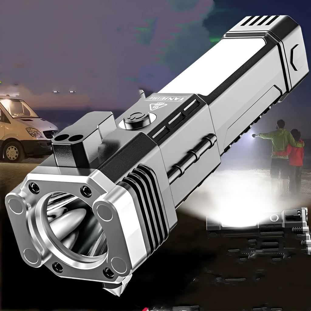 Silver portable power bank LED flashlight with USB charging port shown.