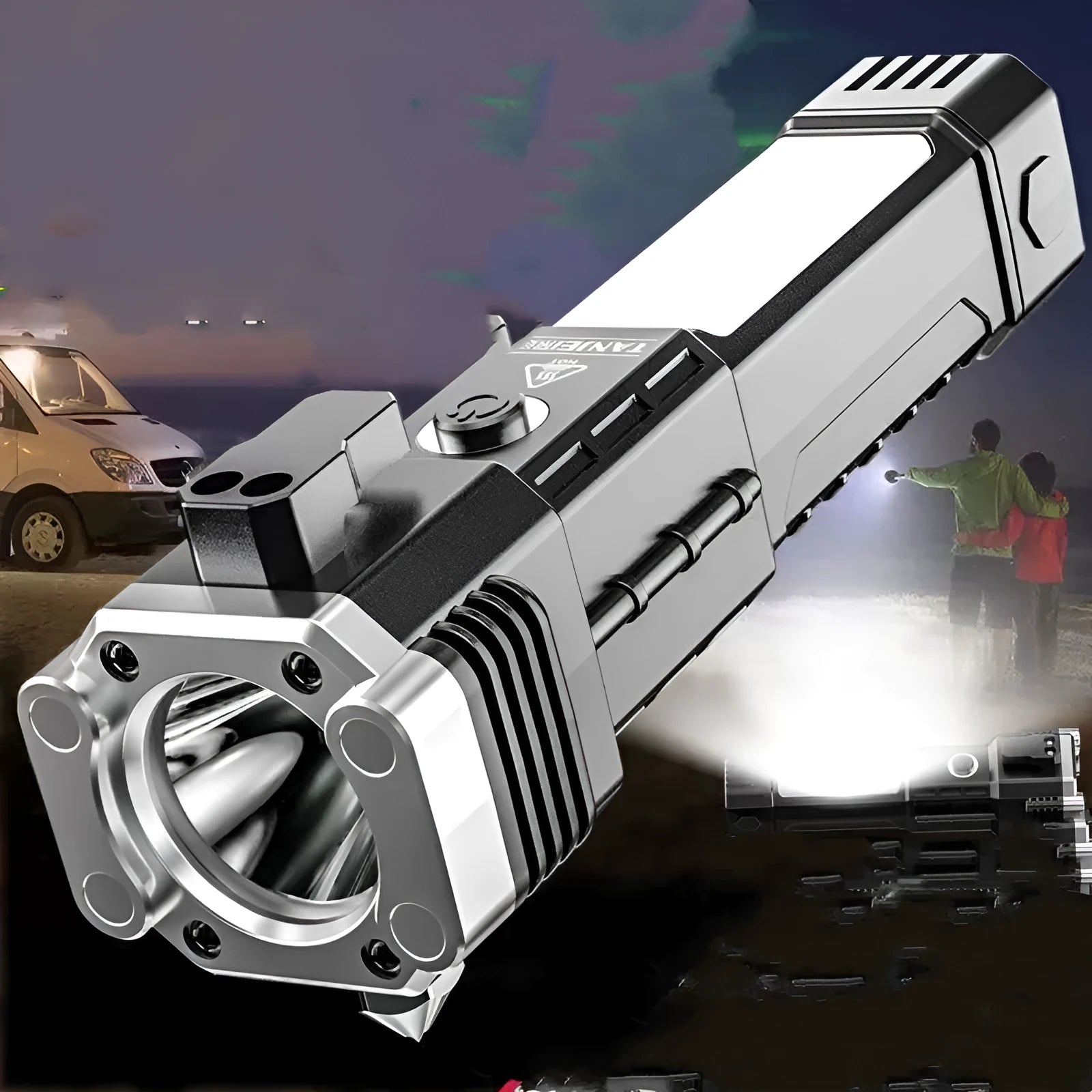 Silver portable power bank LED flashlight with USB charging port shown.