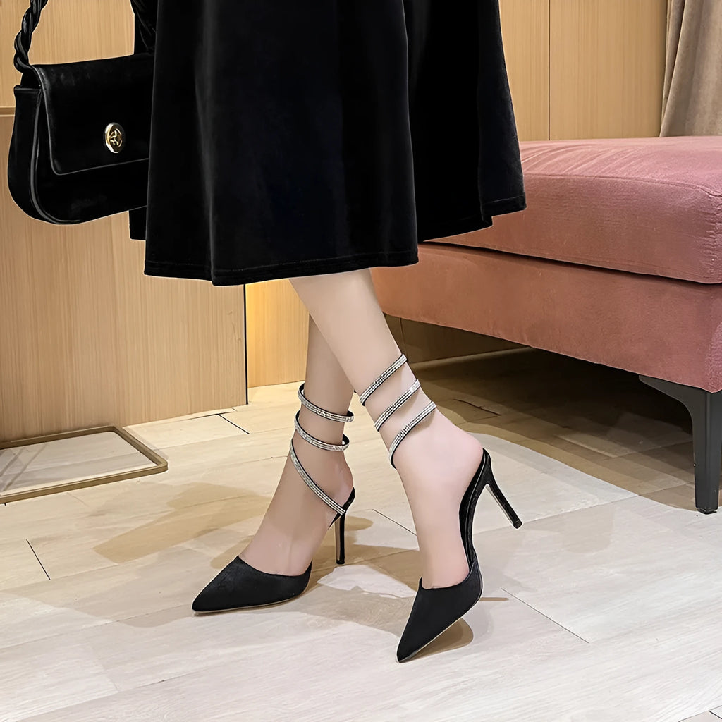 Women pointed stiletto high heels with ankle strap in black velvet 7cm heel