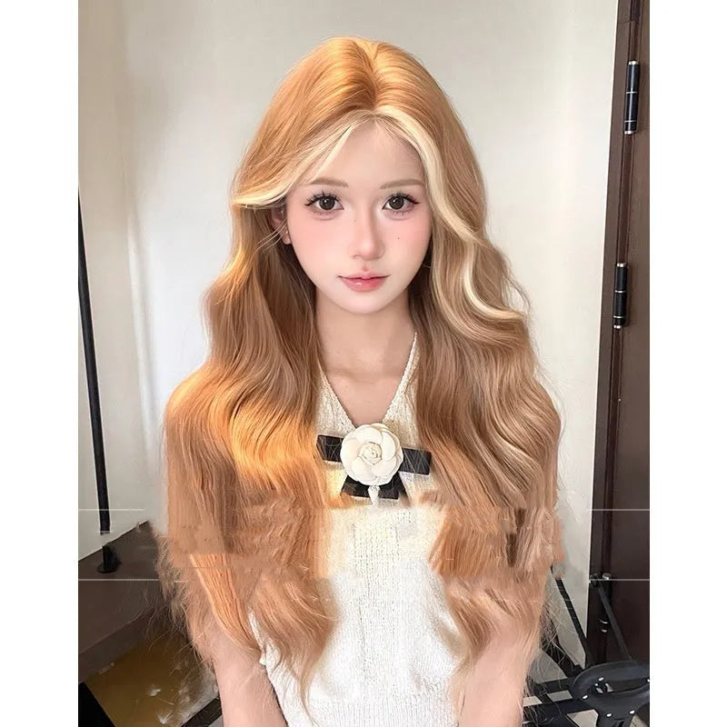 Long curly lace front wig in American highlight gold colour on display stand