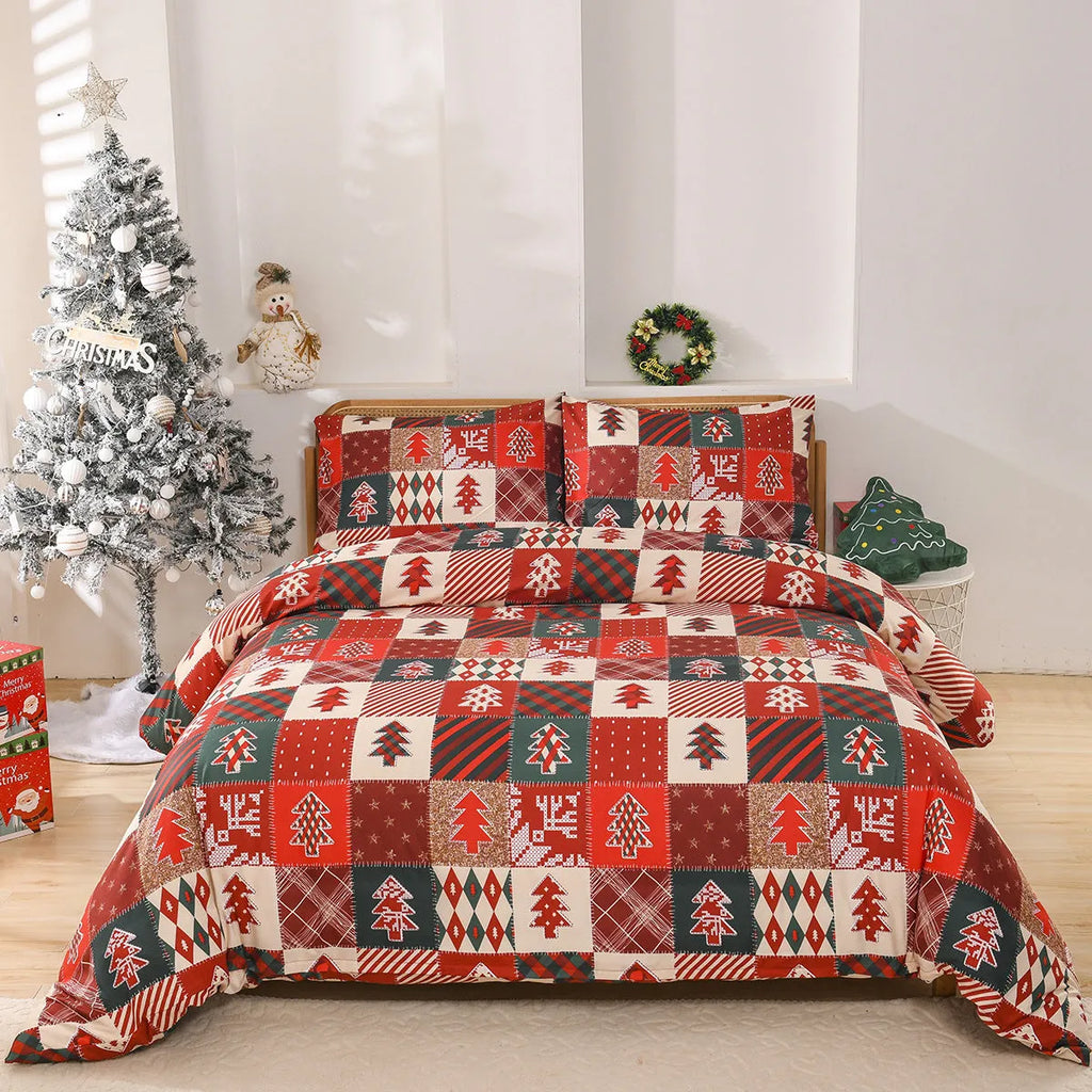 Red plaid Christmas bedding three-piece set showing quilt cover and pillowcases on bed