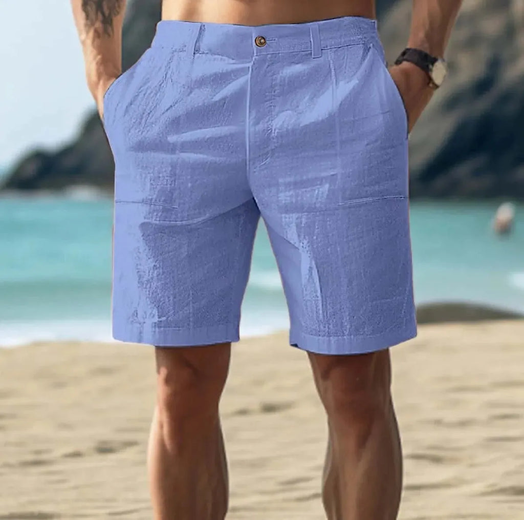 Men's casual mid-length trousers in cotton and linen blend, showing button cardigan leg opening