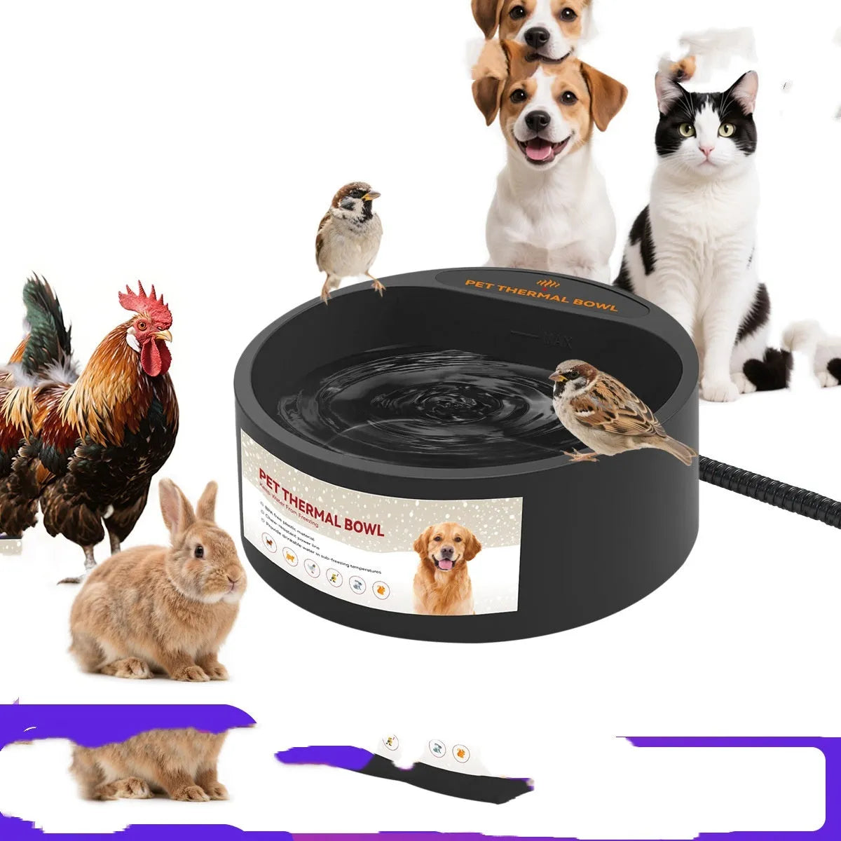 Black electric heated pet bowl for cats and dogs with constant temperature warming feature.
