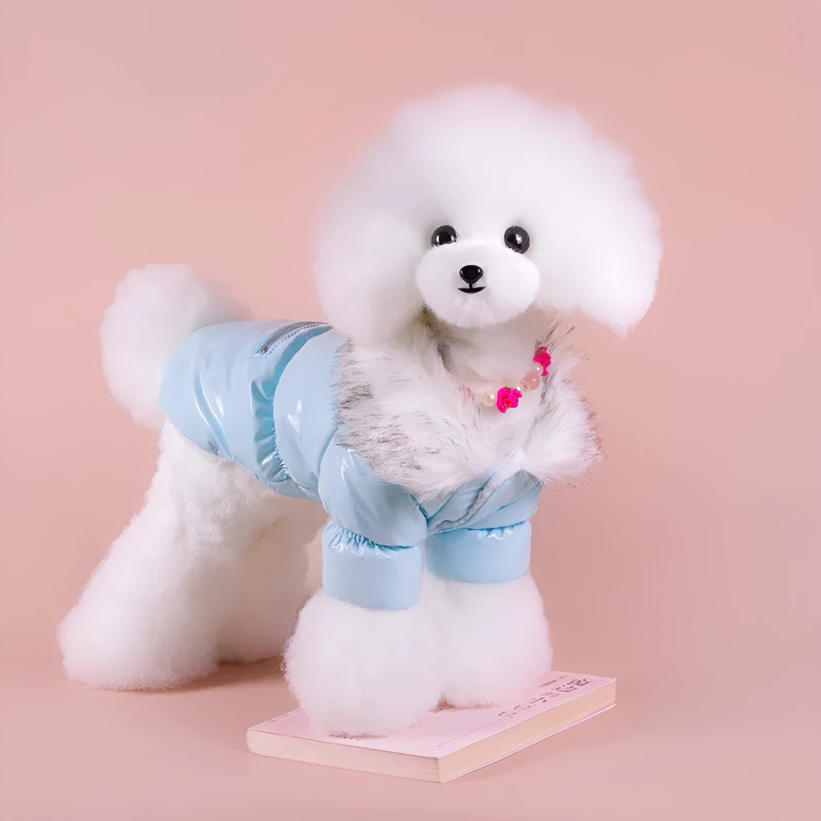Blue, red, and pink British style cotton down jacket for dogs on a winter background.