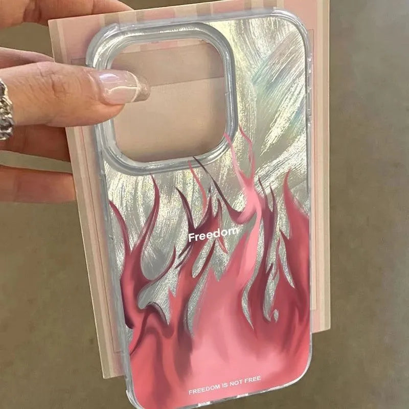 Blue and red flame design on a black silicone iPhone case showing full edge coverage.