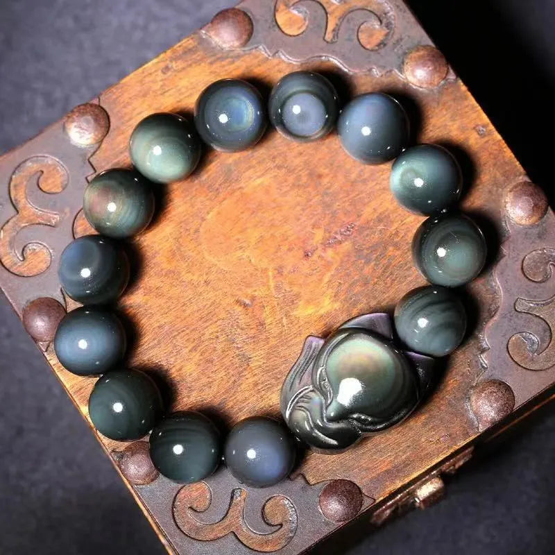 Obsidian fox carved adjustable couple bracelet in 10mm 12mm 14mm 16mm sizes