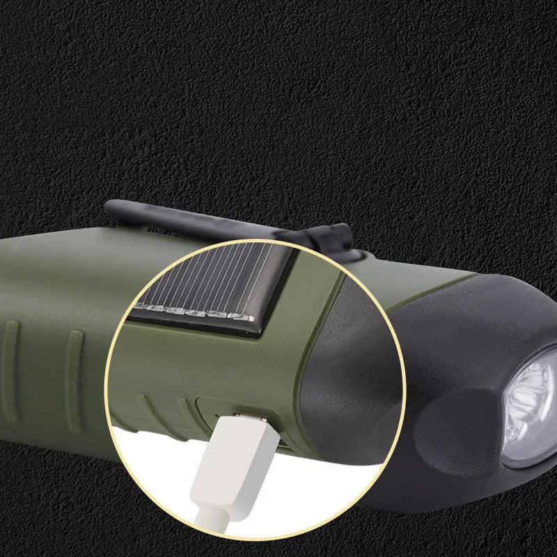 Hand-crank solar LED flashlight with USB charging port and 40mAh battery capacity
