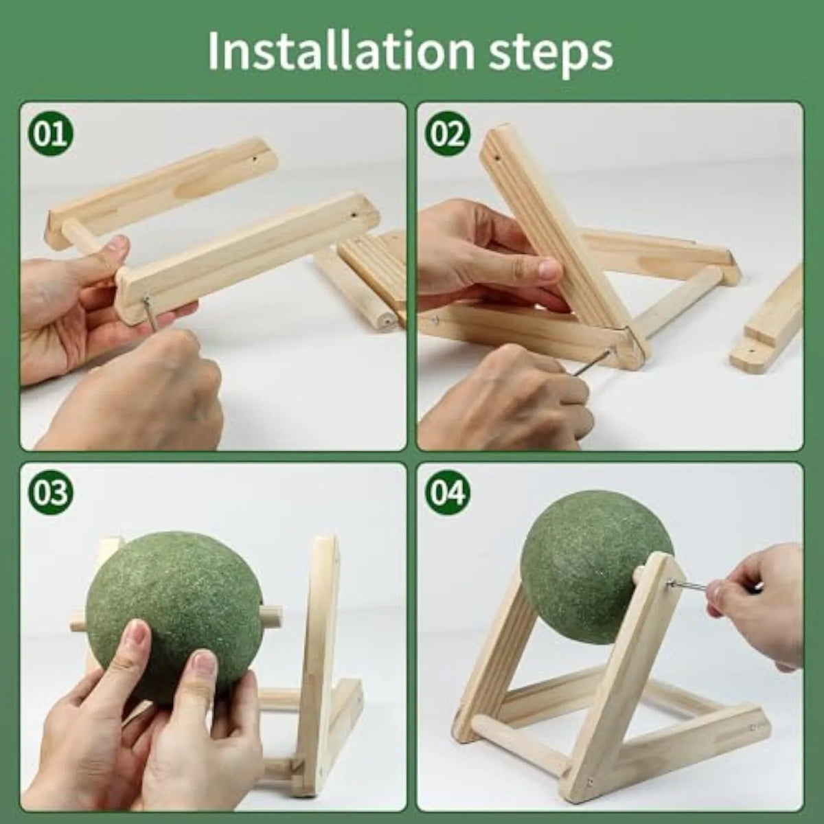 Giant green catnip ball with wooden holder for indoor cats, available in sizes L and S