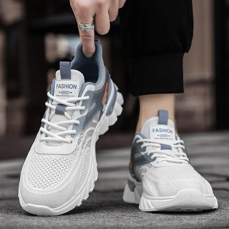 Men's white blue and black platform casual sports shoes with mesh upper and cross shoulder strap design
